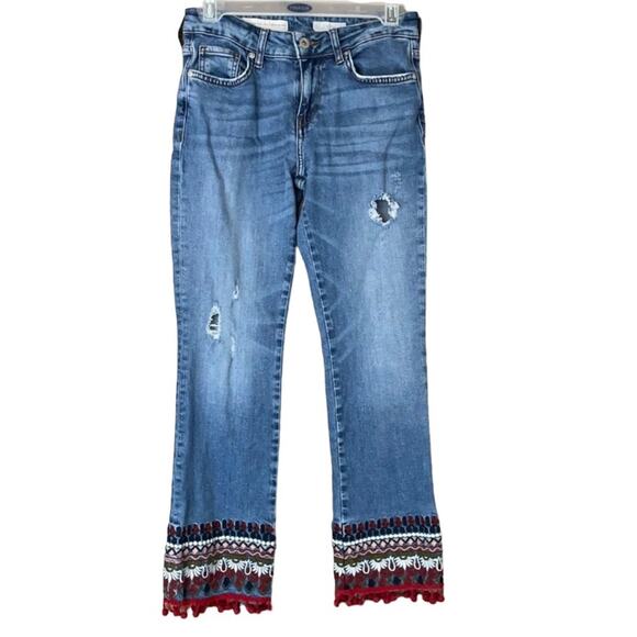 Pilcro and the Letterpress Embroidered Cropped Blue Jeans Pom Pom Trim Size 25 - Picture 1 of 13